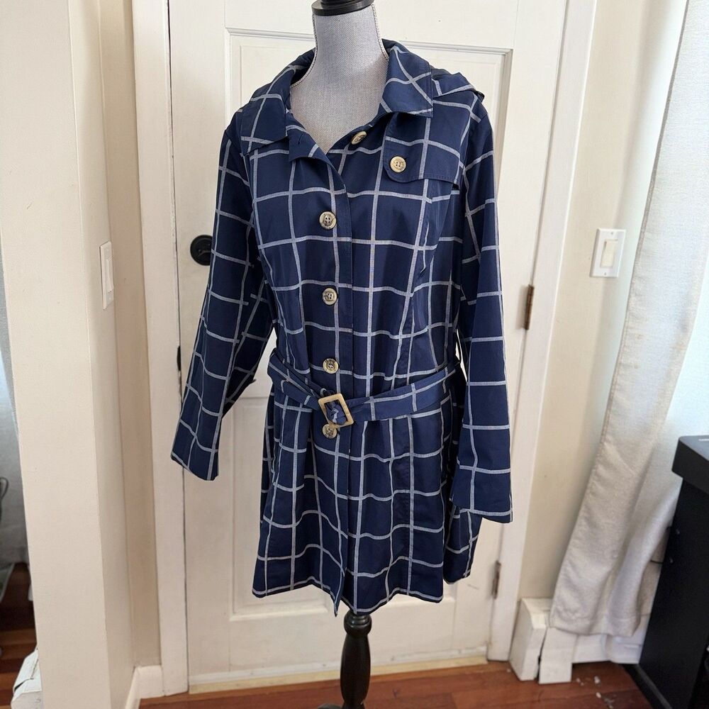 Navy Blue Plaid Long BeltedTrench Coat Woman Within 22W